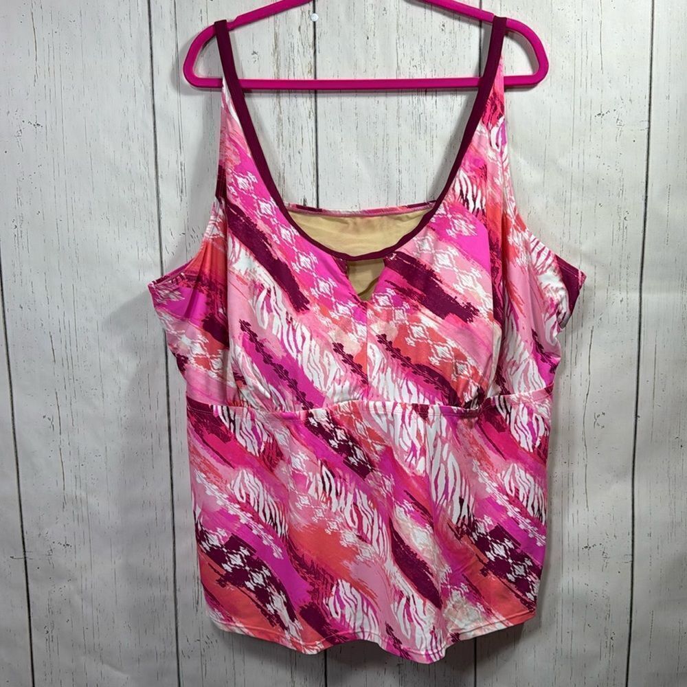 Swimsuits For All Pink Abstract Tankini Top Size 34 Plus Beach Vacation Tropical